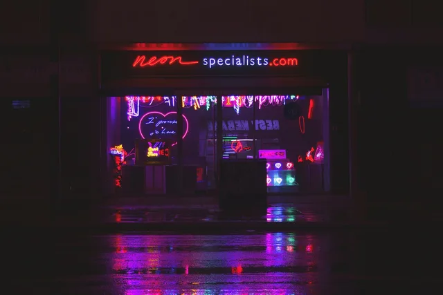 dark, night, neon, signage, shop, store, lights, wet, road, neon, neon, neon, neon, neon. LA Sign Shop Printing: Permits, Timelines and Access