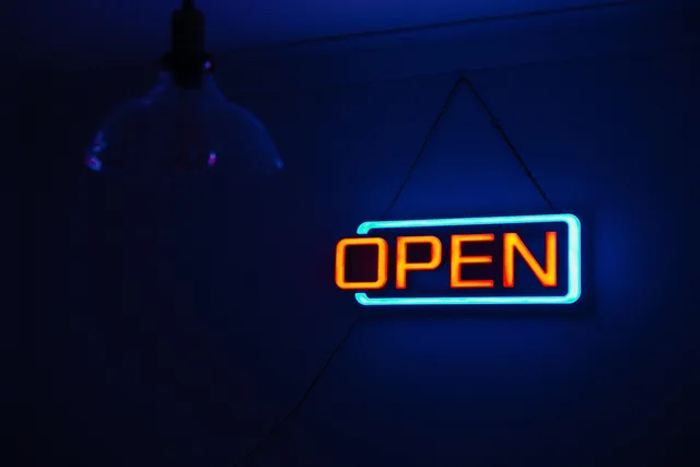 open sign, neon lights, illuminated, signage, dark, light, neon, neon sign, open, sign, open sign, neon, neon, neon, neon, open, open, open, open, open. Which permits a sign shop needs before opening for new owners