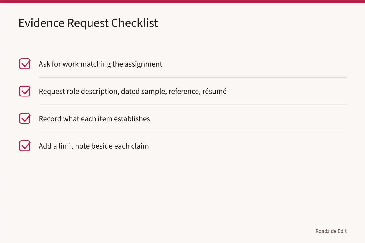 Checklist of evidence items to request from a studio (Roadside design studios: questions to ask before you compare providers)